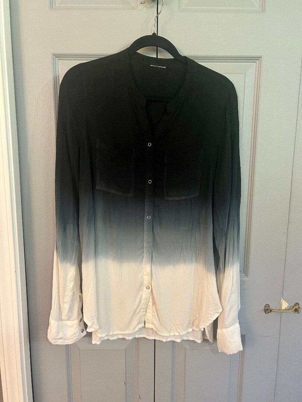 White to Black Crinkle Ombré Snap Front, Tunic Shirt by Jofit